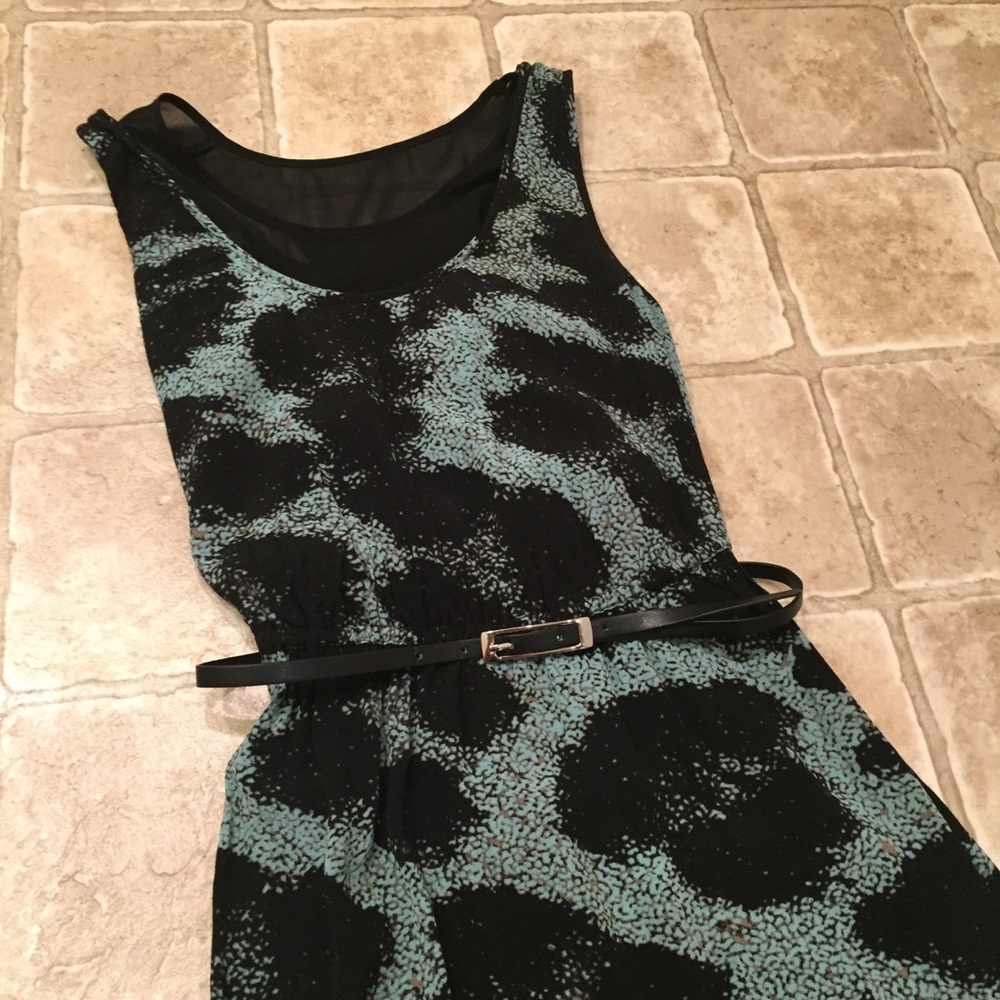 Kensie Black and Teal Patterned Midi Dress with Belt